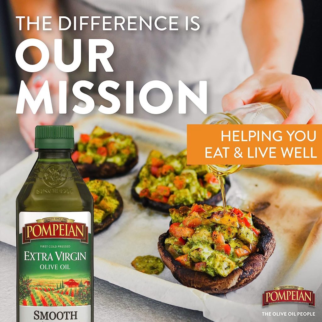 Pompeian Smooth Extra Virgin Olive Oil, First Cold Pressed, Mild and Delicate Flavor, Perfect for Sauteing and Stir-Frying, Naturally Gluten Free, Non-Allergenic, Non-GMO, 16 FL. OZ., Single Bottle