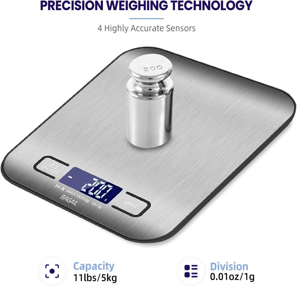 BAGAIL Digital Kitchen Scale, Premium Stainless Steel Food Scales Weight Grams and Oz for Baking and Cooking,11lb/5kg with 0.1oz/1g Precision