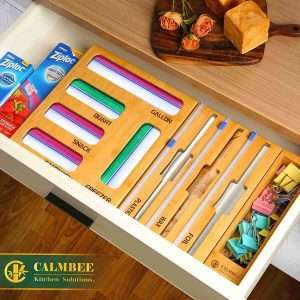 calmbee plastic wrap dispenser with cutter and ziplock bag organizer 9 in 1 bamboo foil and plastic wrap organizer for k 2