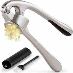zulay kitchen premium garlic press with soft easy to squeeze handle includes silicone garlic peeler cleaning brush 3 pie