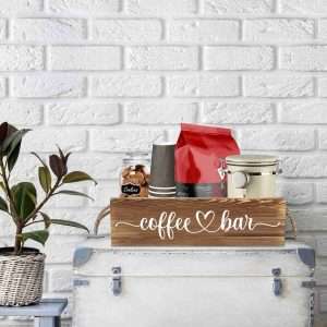 kentuok wooden coffee bar station organizer countertop storage box with rope handle farmhouse kitchen coffee bar accesso