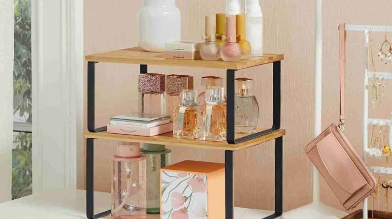 songmics cabinet organizer shelf set of 2 kitchen counter shelves kitchen storage spice rack stackable expandable metal 1 1