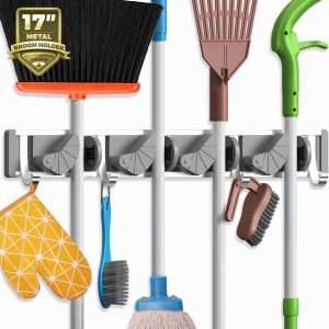 holikme mop broom holder wall mount metal pantry organization and storage garden kitchen tool organizer wall hanger for