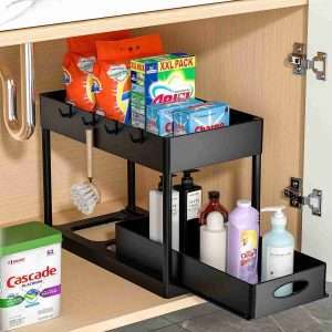 puiluo under sliding cabinet basket organizer 2 tier storage bathroom sink organizers and black for kitchen