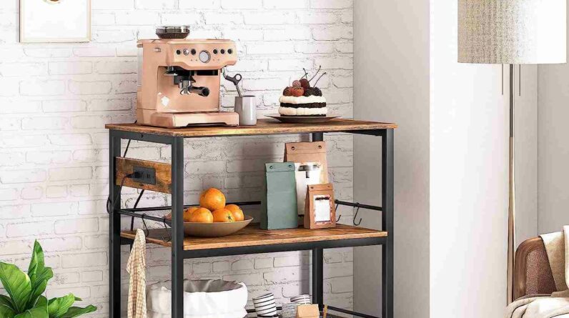 hoobro kitchen island with storage kitchen island table with power outlet 3 tier coffee station and microwave stand for